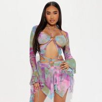 Flare Sleeve Butterfly Print Tassel Three Piece Skirts Set DLSF-K23S33256