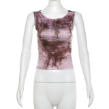 Sleeveless Patchwork Backless Print Lace Tops DLSF-K24B51052