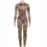 Leopard Print Long Sleeve Tight Jumpsuit DLSF-K24Q59682