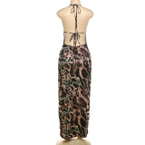 Halterneck Tie Up Leopard Print Maxi Dress DLSF-K24D50823