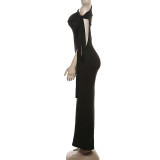 Solid Color Slash Shoulder Maxi Dress DLSF-K24D45400