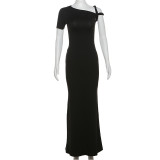 Slash Shoulder Solid Color Slim Maxi Dress DLSF-K24D43826