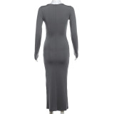 Long Sleeve O Neck Solid Maxi Dress GYME-K23D37748