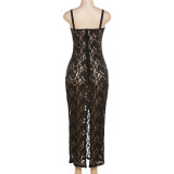 See Through Lace Sling Maxi Dress GYME-K23D29519