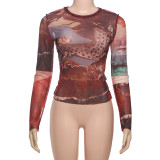 Long Sleeve Mesh Print T Shirt DLSF-K24L59634