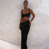 Solid Color Small Vest Long SKirt Two Piece Set GYME-K24D60325