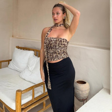 Sexy Leopard Print Wrap Chest Tops With Scarf GYME-K24L45813