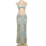 Print Pearl Chain Backless Halterneck Maxi Dress GYME-K24D61483