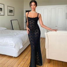 See Through Lace Sling Maxi Dress GYME-K23D29519