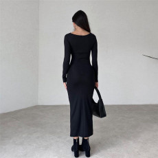 Long Sleeve O Neck Solid Maxi Dress GYME-K23D37748