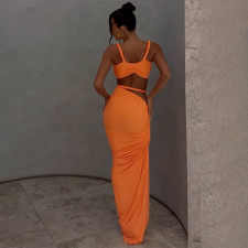 Solid Color Small Vest Long SKirt Two Piece Set GYME-K24D60325