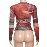 Long Sleeve Mesh Print T Shirt DLSF-K24L59634