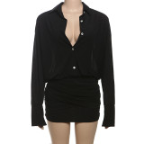 Solid Color Long Sleeve Shirt Two Piece Skirts Set GYME-K24D61624