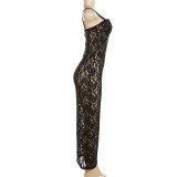 See Through Lace Sling Maxi Dress GYME-K23D29519