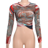 Long Sleeve Mesh Print T Shirt DLSF-K24L59634
