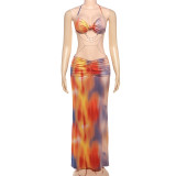 Print Pearl Chain Backless Halterneck Maxi Dress GYME-K24D61483