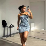 Wrap Chest Multi Pockets Denim Mini Dress XMCS-CS2024042