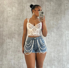 Pearl Rhinestone Casual Denim Shorts XMCS-CS2024416025