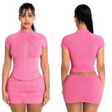 Solid Color Shorts Sleeve Zipper Two Piece Skirts Set XMCS-05