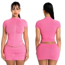 Solid Color Shorts Sleeve Zipper Two Piece Skirts Set XMCS-05