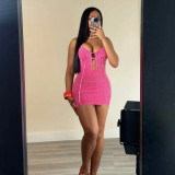 Sexy Sling Solid Color Hollow Out Mini Dress XMCS-CS20242357