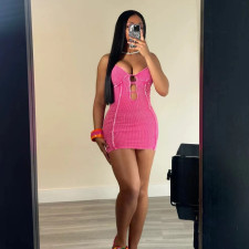 Sexy Sling Solid Color Hollow Out Mini Dress XMCS-CS20242357