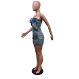 Wrap Chest Multi Pockets Denim Mini Dress XMCS-CS2024042