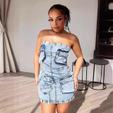 Wrap Chest Multi Pockets Denim Mini Dress XMCS-CS2024042