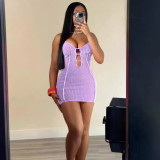 Sexy Sling Solid Color Hollow Out Mini Dress XMCS-CS20242357