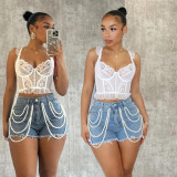 Pearl Rhinestone Casual Denim Shorts XMCS-CS2024416025