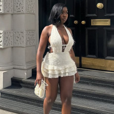 V Neck Hollow Out Backless Mini Dress GNZD-51775DHD