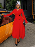 Plus Size V Neck Pleated Knits Maxi Dress NNWF-8114