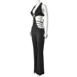 Sleeveless Tie Up Backless Micro Flare Jumpsuit GNZD-51045JBD