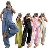 Solid Color Sleeveless Loose Two Piece Pants Set SSNF-211499