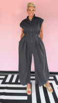 Plus Size Sleeveless Lapel Solid Jumpsuit NY-3658