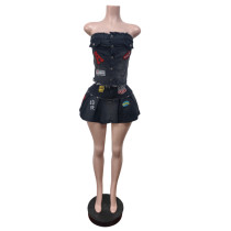 Wrap Chest Embroidery Denim Pleated Skirt Suit MEM-88656