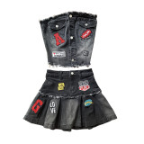 Wrap Chest Embroidery Denim Pleated Skirt Suit MEM-88656