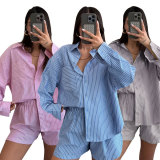 Stripe Long Sleeve Shirt Two Piece Shorts Set SSNF-211495