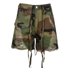 Plus Size Camouflage Print Long Sleeve Tassel Shorts GNZD-6603PL
