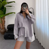 Stripe Long Sleeve Shirt Two Piece Shorts Set SSNF-211495