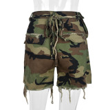 Plus Size Camouflage Print Long Sleeve Tassel Shorts GNZD-6603PL