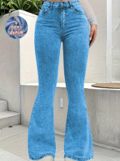 Solid Color Faux Denim Flared Pants GDYF-3610