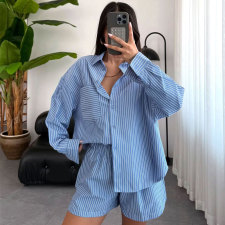 Stripe Long Sleeve Shirt Two Piece Shorts Set SSNF-211495