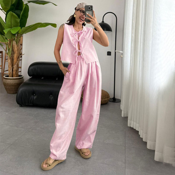 Solid Color Sleeveless Loose Two Piece Pants Set SSNF-211499