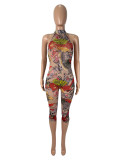 Mesh Floral Print Tight Backless Jumpsuit SHD-9540
