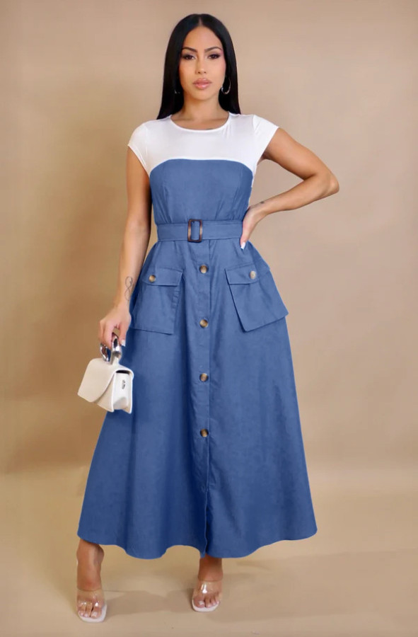 Plus Size Denim Patchwork Contrast Color Long Dress NY-3635