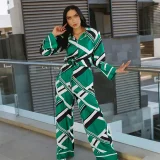 Print Long Sleeve Tie Up Shirt Wide Leg Pants Suit QYMF-M3245
