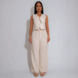 V Neck Sleeveless Vest Two Piece Pant Set QYMF-3252