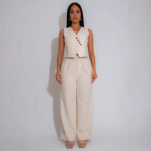 V Neck Sleeveless Vest Two Piece Pant Set QYMF-3252