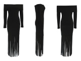 One Shoulder Tassel Long Sleeve Maxi Dress QYMF-3065